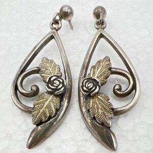 Black Hills Gold Earrings Vtg Wheeler Sterling Silver Teardrop Leaf Rose